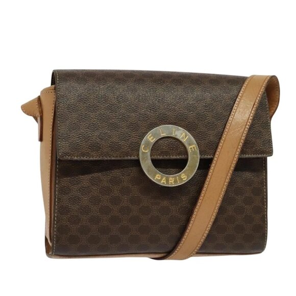 CELINE Macadam Canvas Circle Shoulder Bag PVC Leather Brown Gold Auth 123825 - Picture 1 of 16